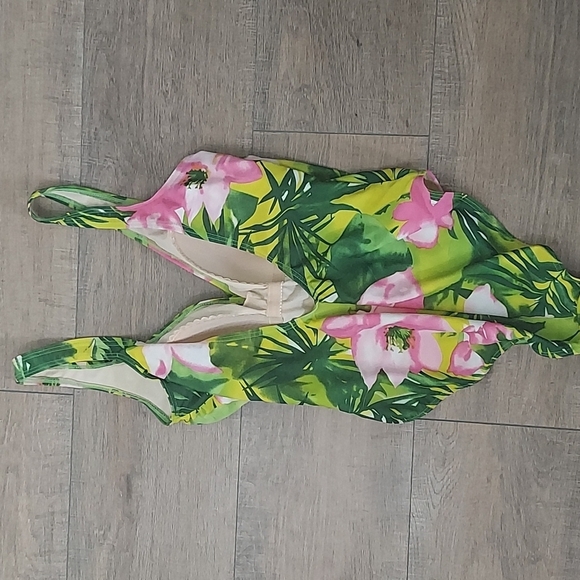 Hydra Swimsuit One Piece with Green Palms & Pink Flowers 10 - Picture 2 of 7